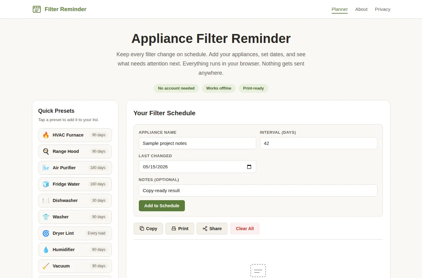 Screenshot of Appliance Filter Reminder interface showing the project page in use